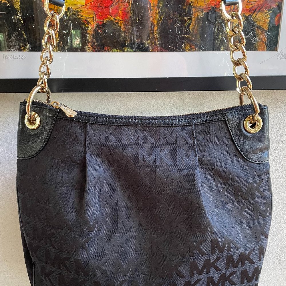 MICHAEL KORS Black Cloth with Leather Trim & Gold Chain Crossbody Bag
